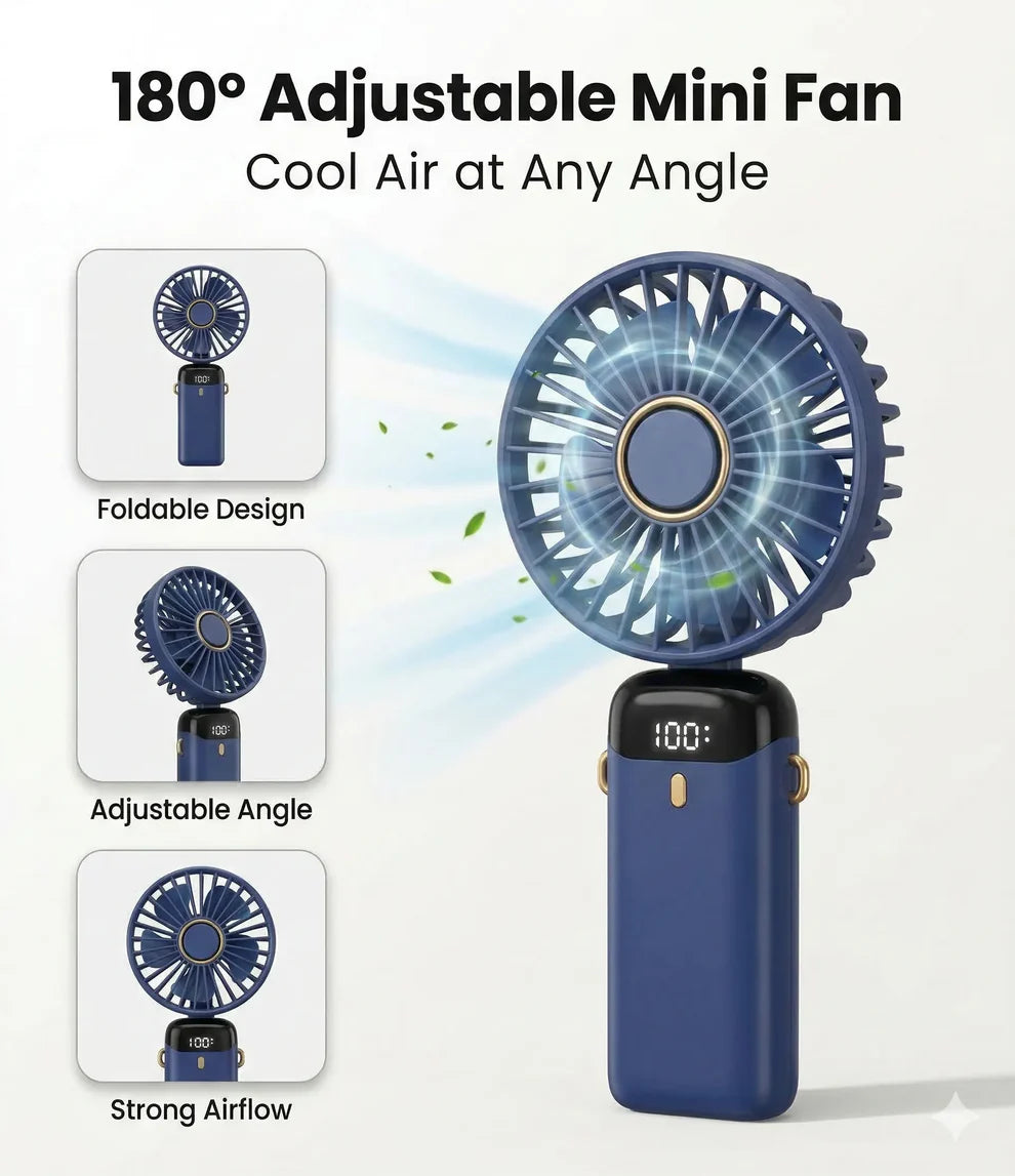 AirFlex Mini Fan – Foldable, Rechargeable, 5 Speed Mode, Digital Display