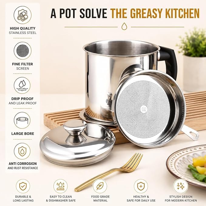Stainless Steel Oil Filter Pot | 1.4L Durable and Reusable