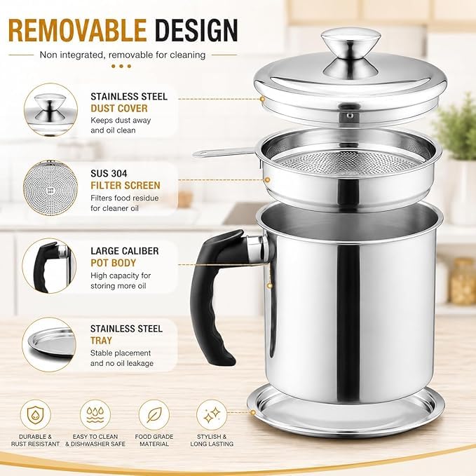 Stainless Steel Oil Filter Pot | 1.4L Durable and Reusable