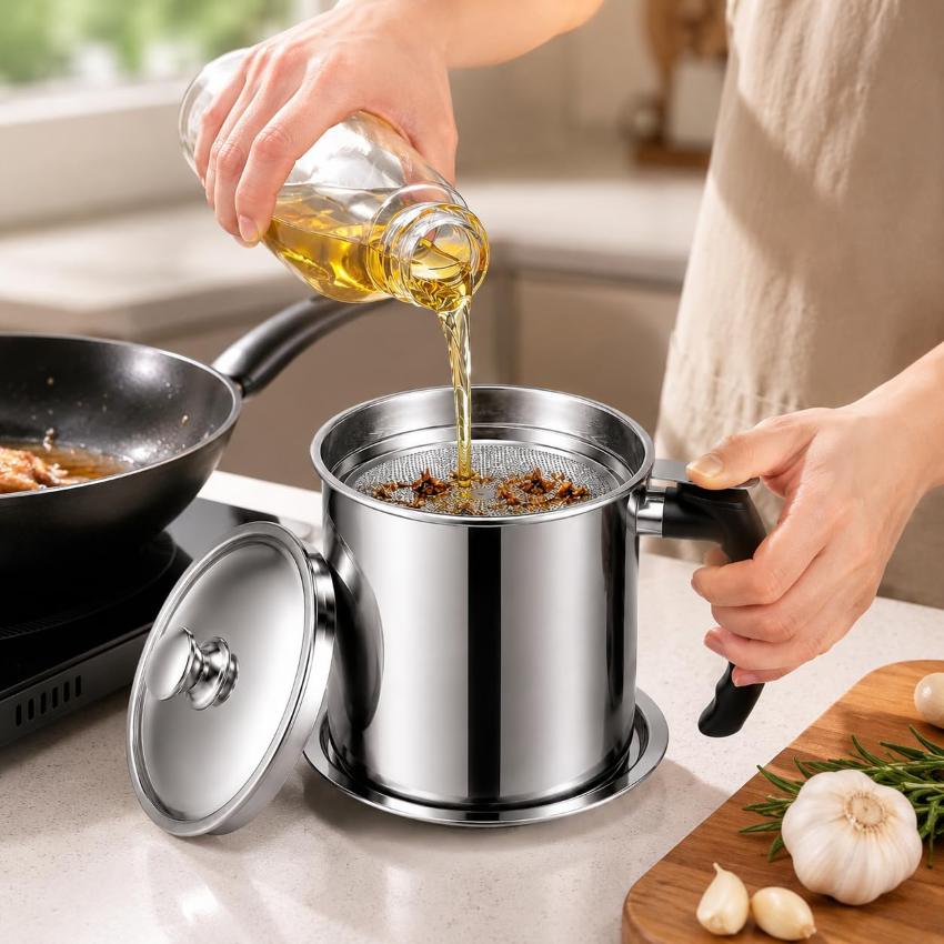 Stainless Steel Oil Filter Pot | 1.4L Durable and Reusable