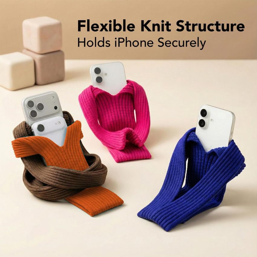 Unisex 3D Knitted iPhone Pocket Scarf Case with Contrast Stripe Design