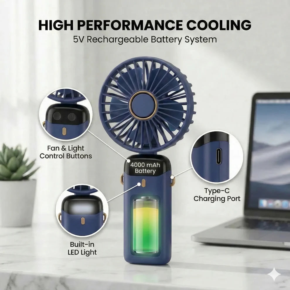 AirFlex Mini Fan – Foldable, Rechargeable, 5 Speed Mode, Digital Display